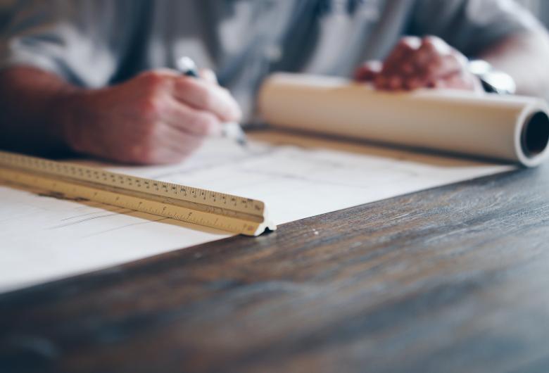 construction plan on a table