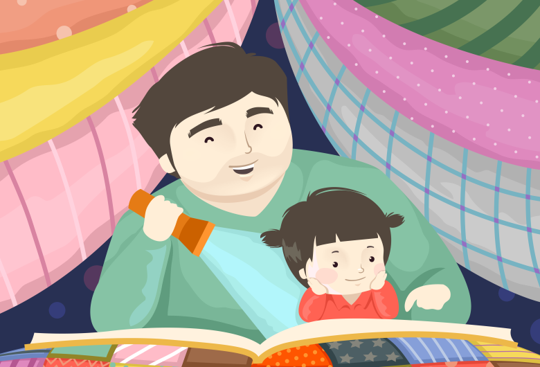 a father and child read a book by flashlight in a colorful tent