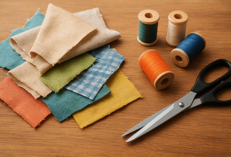 A tabletop covered with colorful fabric scraps, thread spools, and scissors, representing sustainable fashion and textile reuse.