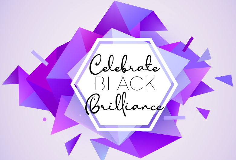 Purple geometric shapes surround a white hexagon with the words “Celebrate Black Brilliance” on a light lavender background.