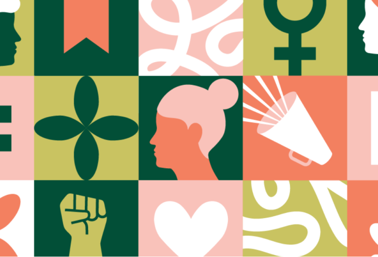 Colorful banner with stylized icons celebrating Women’s History Month, including women’s profiles, an equality sign, a raised fist, a megaphone, and floral motifs in green and coral tones.