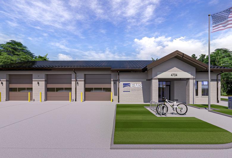Artist's rendering of an EMS station, with clear skies, a flag flying, and a bicycle on a rack in front.