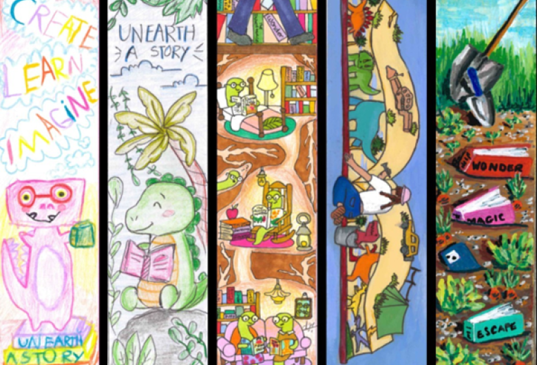 Illustrated bookmark designs featuring colorful drawings of dinosaurs, earthworms and garden scenes and words like “Create,” “Learn,” “Imagine,” “Wonder,” and “Escape.”