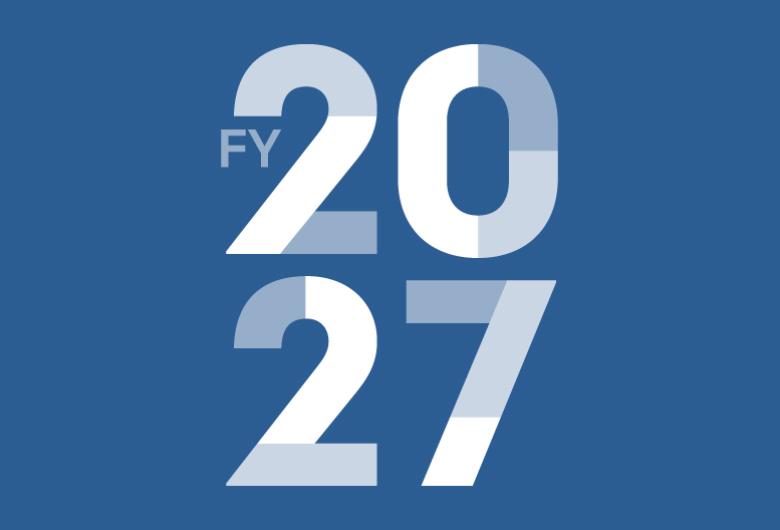 Blue graphic with large “FY 2027” text in bold, centered layout.