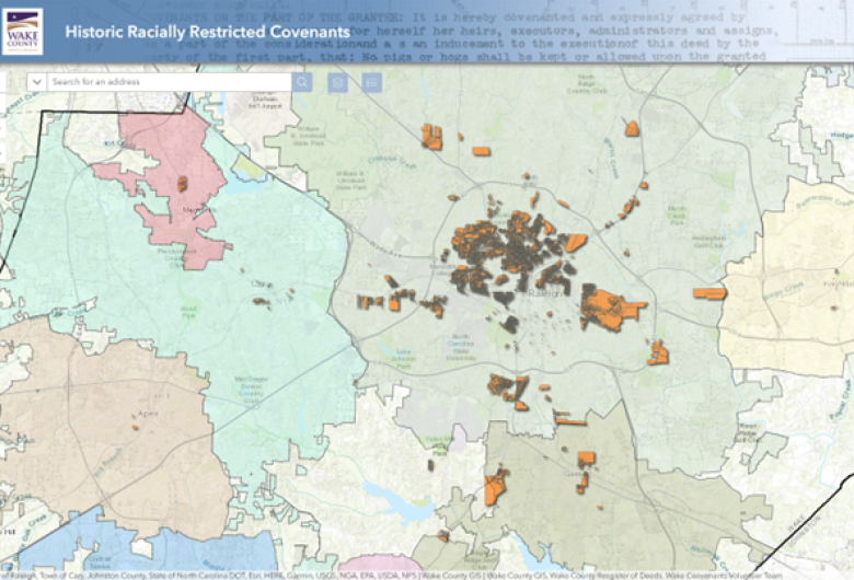 Map of Wake County showing locations of historic racially restrictive covenants highlighted in orange.