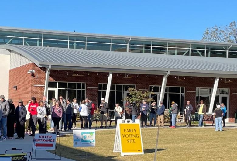 A line of voters waits outside an early voting site.