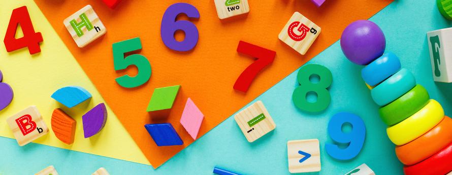 Colorful letters, numbers, blocks, toys