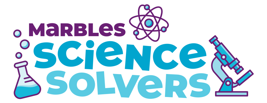 purple and blue text reading marbles science solvers