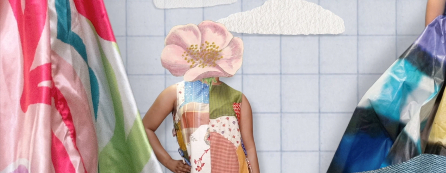 A person with a large pink flower for a head wears a sleeveless patchwork shirt and red polka-dot pants, standing in front of a light blue grid background with paper clouds. Colorful fabric and denim are visible on the sides and bottom of the frame.