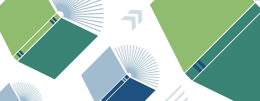 Image depicts diagonal rows of open books in a variety of blue and green colors. 