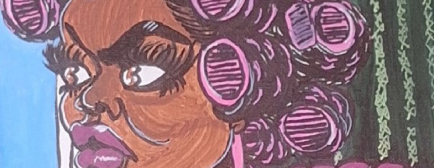 Artwork: Woman in pink robe and pink curlers looking out the window.