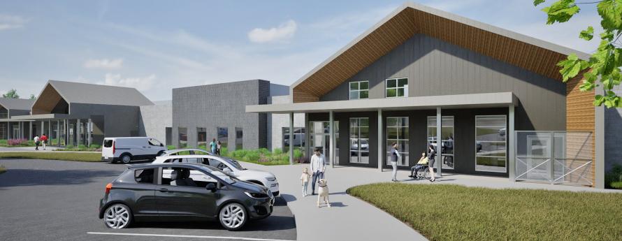 Architectural rendering of a modern animal shelter entrance with a covered porch, large windows, and gray exterior walls.