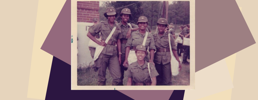Photo of five women in military uniforms posing for a picture over a field of various brown squares.