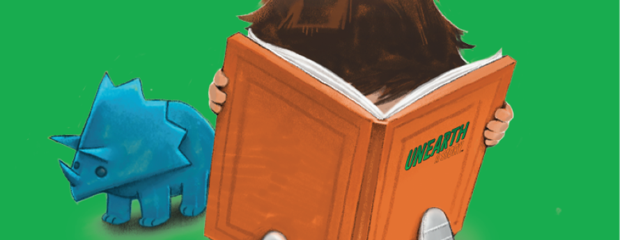 Child reading a large book next to blue dinosaur