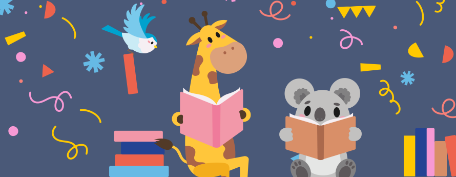 cartoon animals celebrating reading with confetti