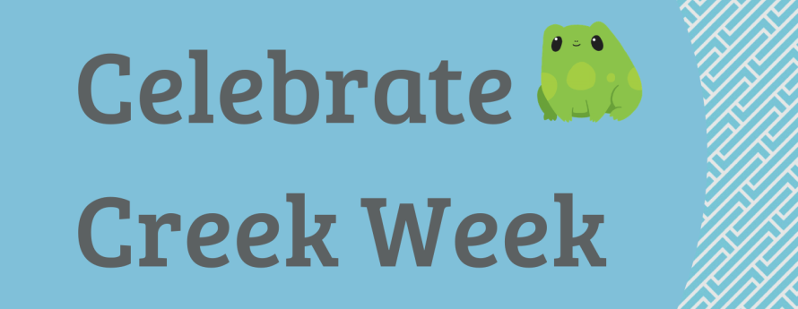 Blue background with white geometric pattern on side. Text reads Celebrate Creek Week next to a round, green frog.