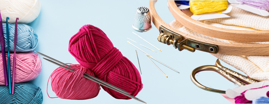 Picture of yarn, crochet hooks and embroidery hoop