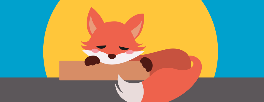image of a fox sleeping on top of a brown book, with a blue and yellow background