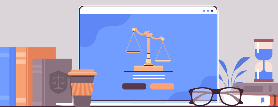 An illustration of an open laptop on a desk surrounded by books, a coffee cup, and eyeglasses. An image of the scales of justice is displayed on the laptop's monitor.