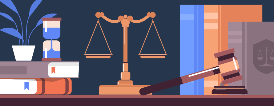 Scale, books, gavel, timer and plant on a desk