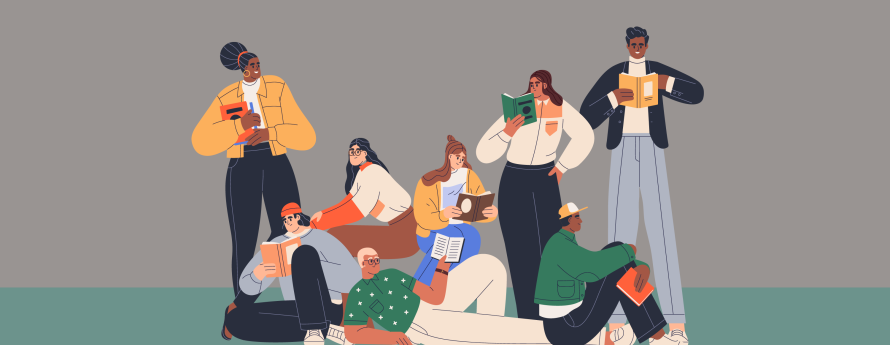 Graphic of people reading. 