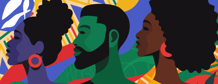 Three African American people staring left. Colorised with brown, green, purple, red.