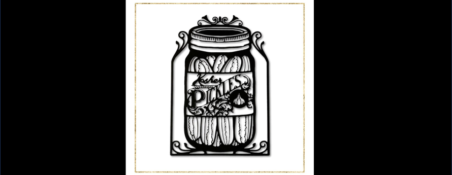 White background with a black linework image of a mason jar filled with pickles. Text reads: Kosher Pickles. 