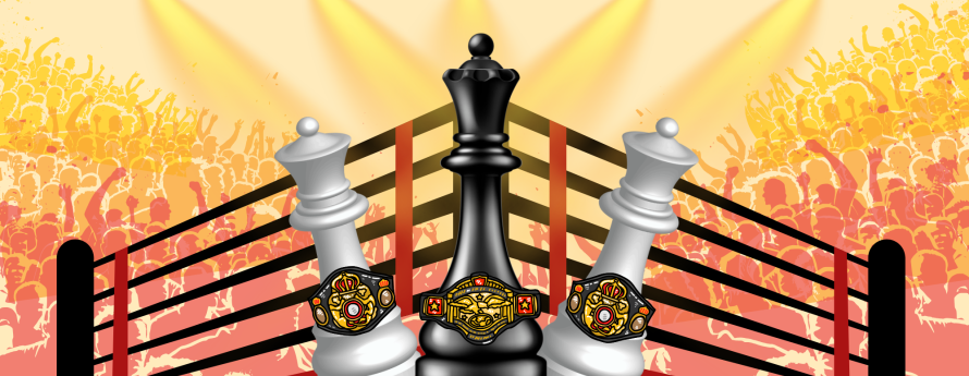 black queen and 2 white pawns wearing wrestling championship belts in a red and black wrestling ring under spotlights, yellow, orange, and red crowd behind on yellow background