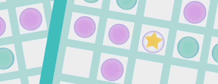 blue bingo board with purple and blue chips in a row, yellow star in center.