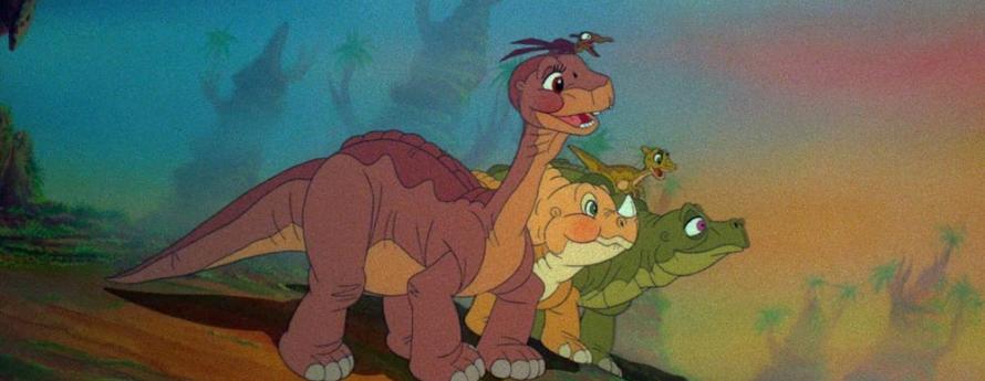 Baby dinosaurs smiling and looking over the horizon
