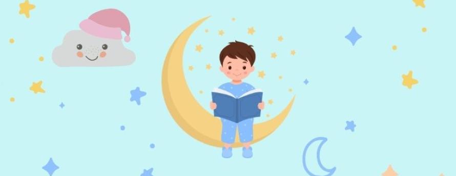 Cartoon of little boy reading on a crescent moon