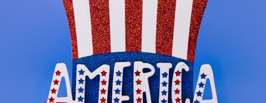 the word america on a red-white-blue top hat with blue background