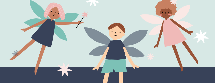 three cartoon fairies on a light blue background