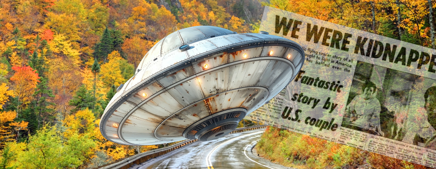 UFO on a mountain and fall trees background.