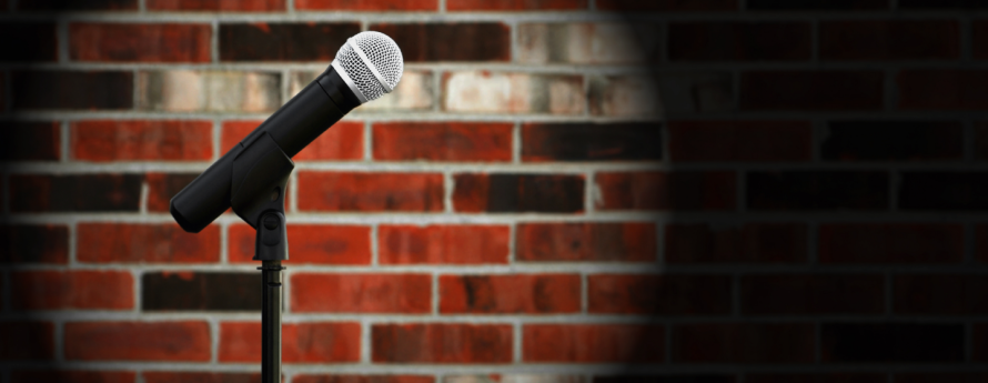 Photograph of a microphone on an upright microphone stand, against a brick wall background