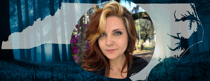 Liz Z Pardue on a background of a creepy forest.