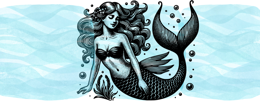 A drawing of a mermaid sits on a blue background. She is surrounded by bubbles, eyes closed. 