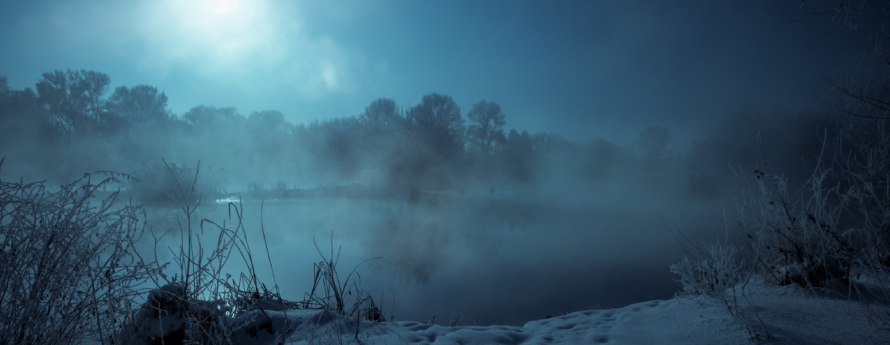 Moonlit, snowy pond