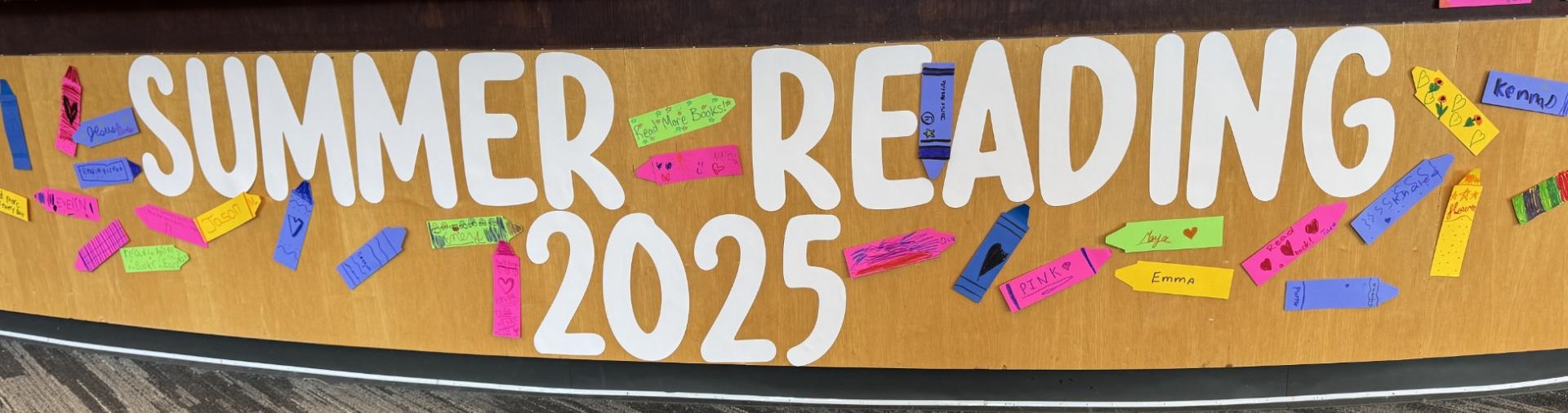 Summer Reading 2025 banner, with drawings of crayons