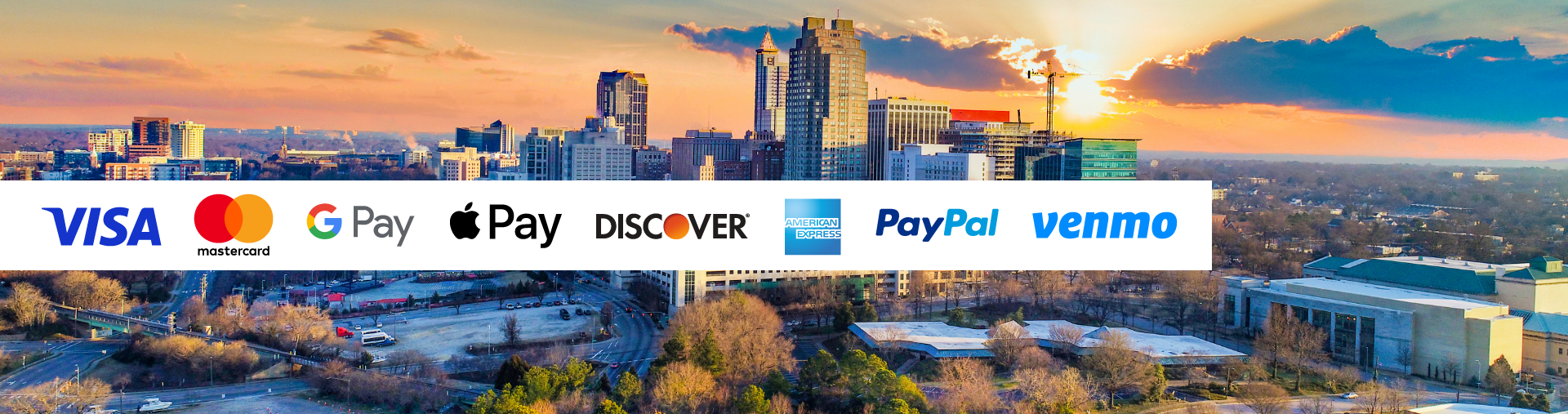 Skyline with logos including: VISA, Mastercard, Google Pay, Apple Pay, Discover, American Express, PayPal and Venmo