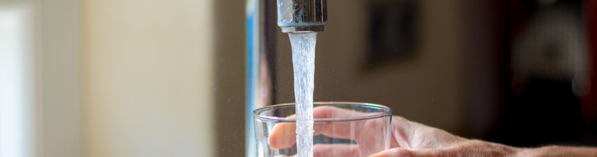 Water flowing out of a faucet in a kitchen