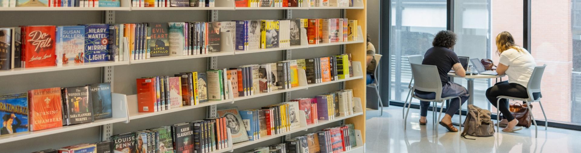 Bookshelves filled with books in a library, with two people studying at a table by large windows.