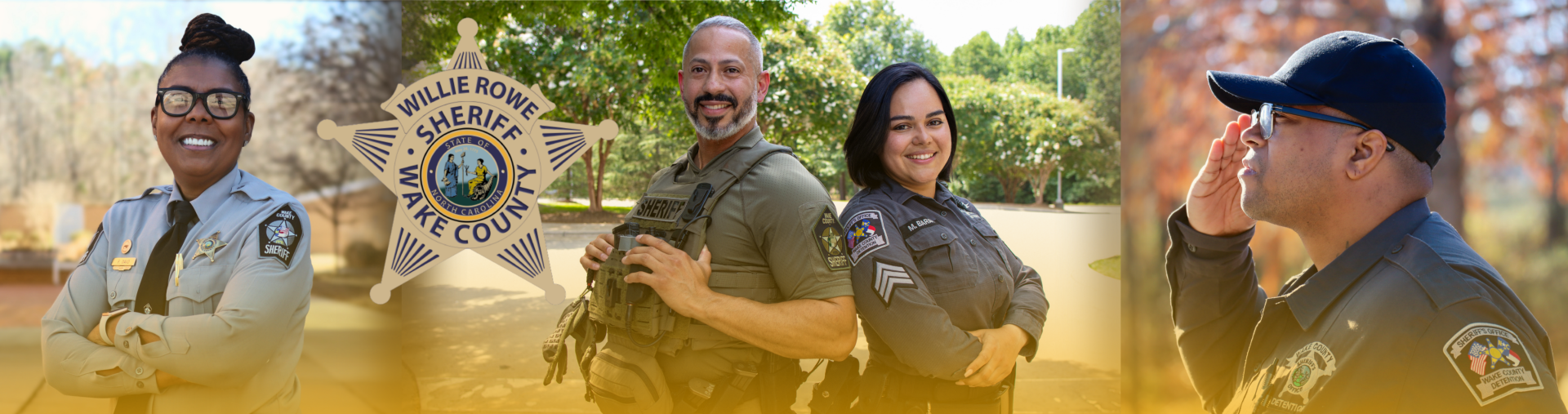 A collage of photos showing a female deputy stands with her arms crossed smiling, a male deputy stands back to back with a female detention officer and a detention officer salutes the flag. The WCSO badge is overlayed on top of the three images.