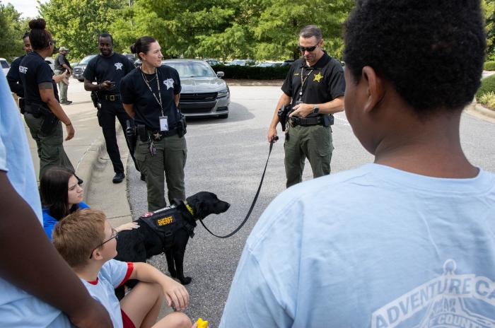 Students meeting Molly, WCSO's peer support K-9