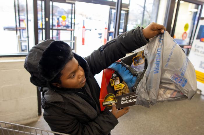 A child showing a dinosaur toy he picked out. 