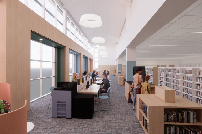 Holly Springs Community Library Renovation Lounge Area with Printer and Computers