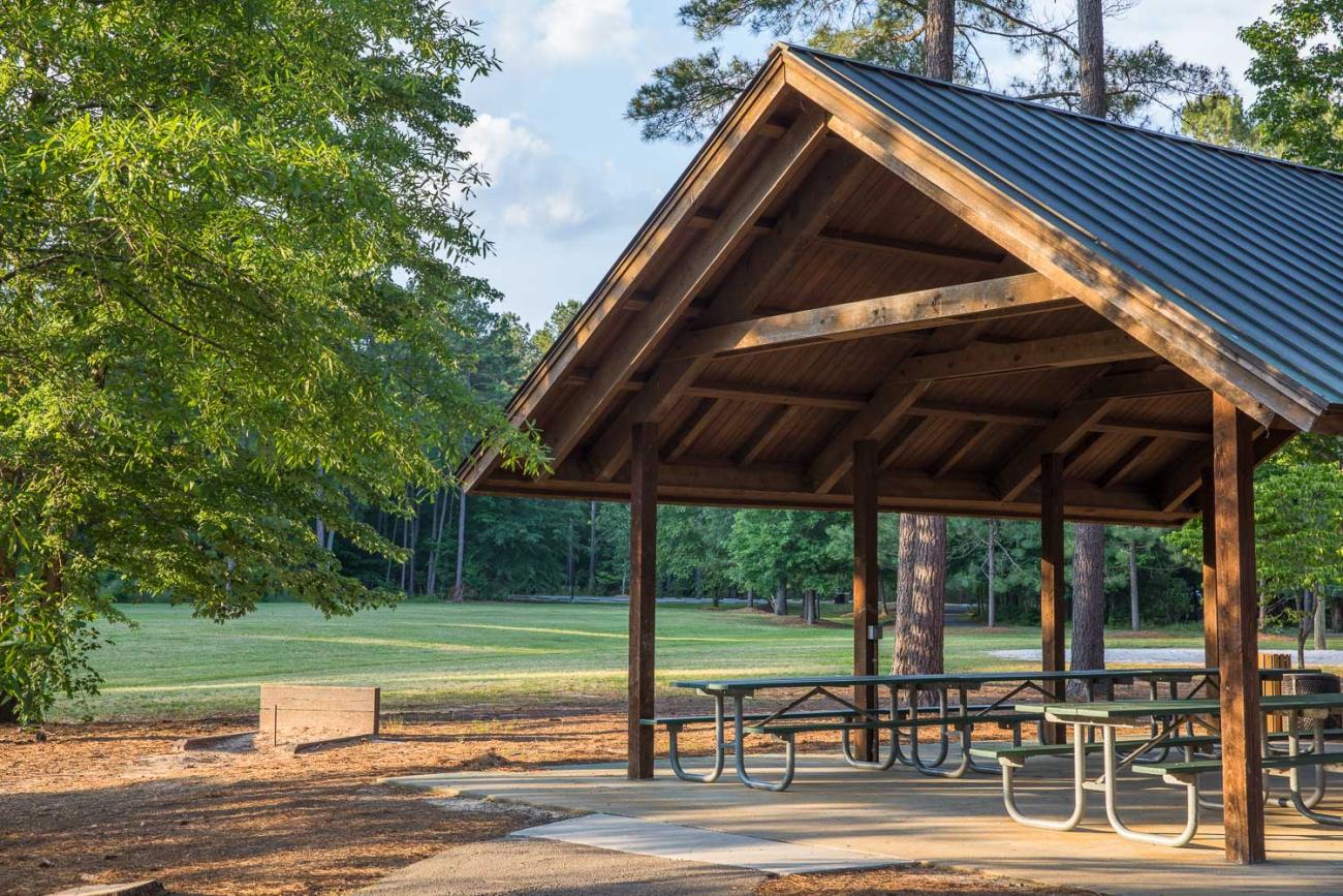 picnic shelter in front of field