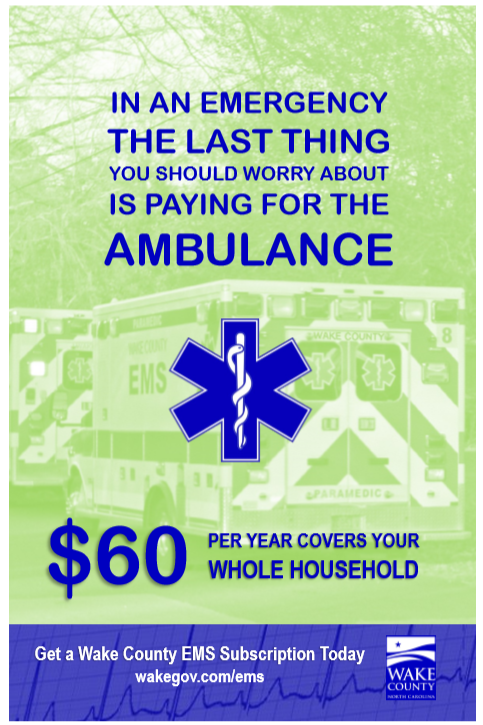 $60 EMS subscription brochure cover with image of a Wake County ambulance