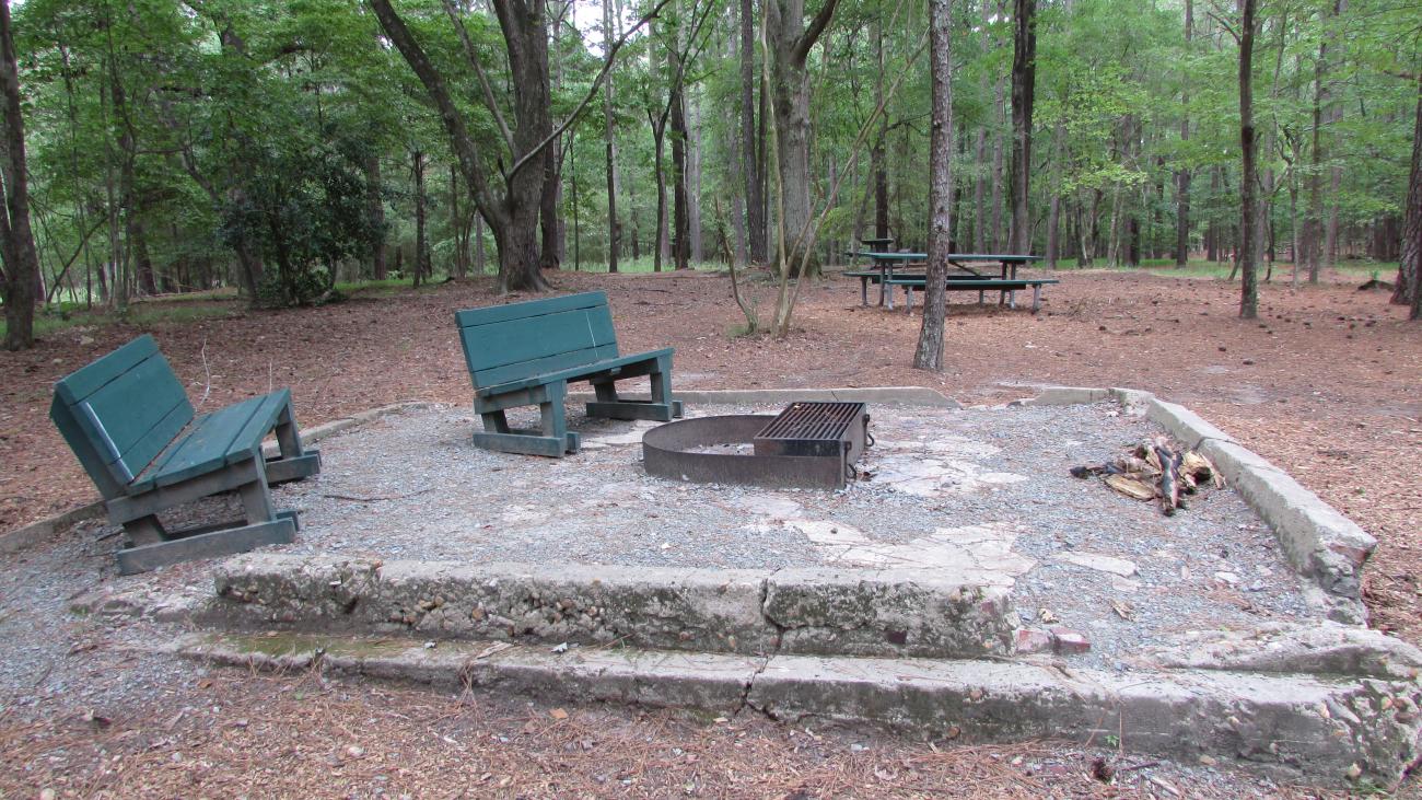 Photo showing the grill pad of the Primitive Group Camp Site, featuring a grill and two chairs