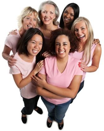 Group of women huddled closely in pink shirts